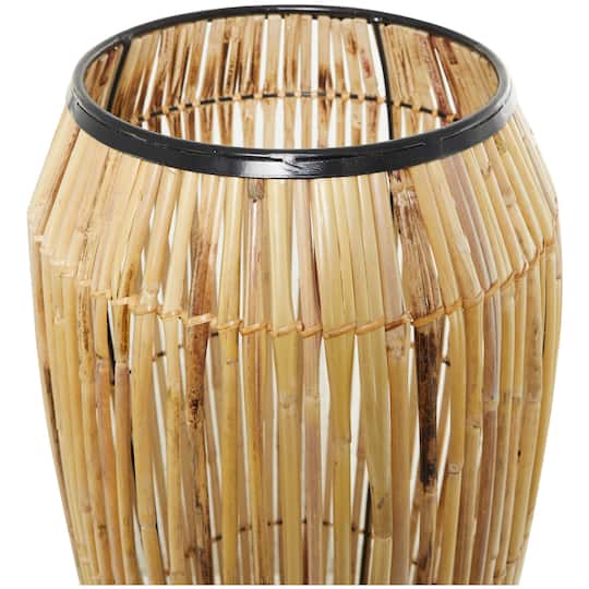 Brown Wicker Handmade Slatted Frame Vase with Black Metal Accents